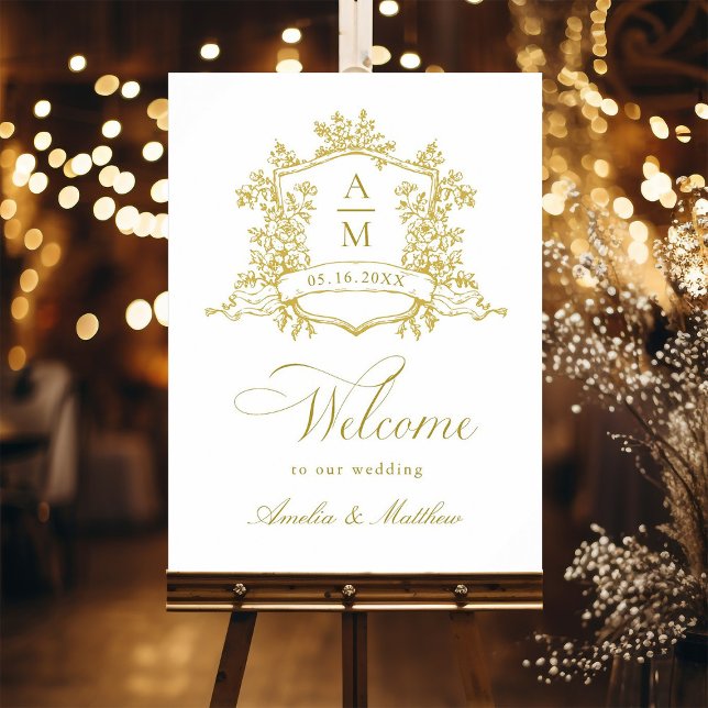 Poster Clássico Floral Crest Dourado Casamento Bem-vindo (Criador carregado)