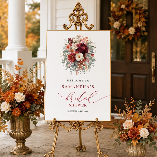 Poster Clássico floral vermelho profundo outono bem-vindo (Classic deep red floral autumn bridal shower welcome sign

)