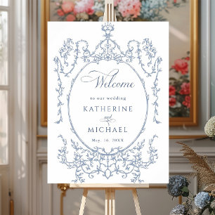 Poster Clássico Frame Floral Dusty Blue Wedding Bem-vindo