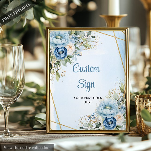 Poster Clássico Quadro Dourado com Azul empoeirado e Verd (Classic Dusty Blue Greenery Gold Frame Wedding Sign)