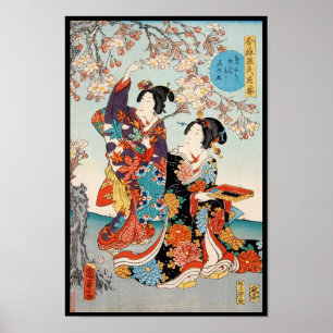 Poster Clássico ukiyo-e vintage duas gueixas arte Utagawa