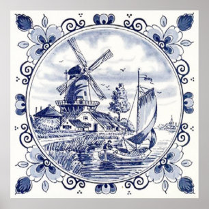 Pôster Clássico Vintage Chic Dutch Windmill Delft Blue