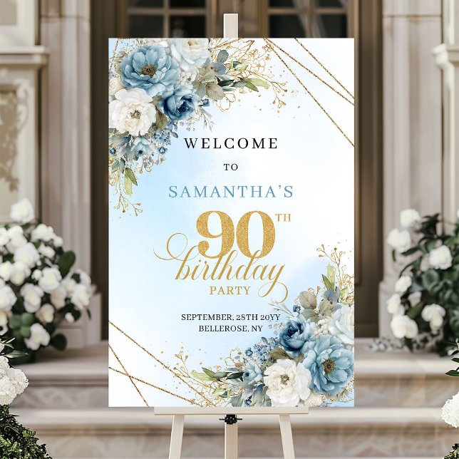 Poster Clássicos florais azuis boho eucalipto 90º anivers (Classic boho blue florals eucalyptus 90th birthday sign

)