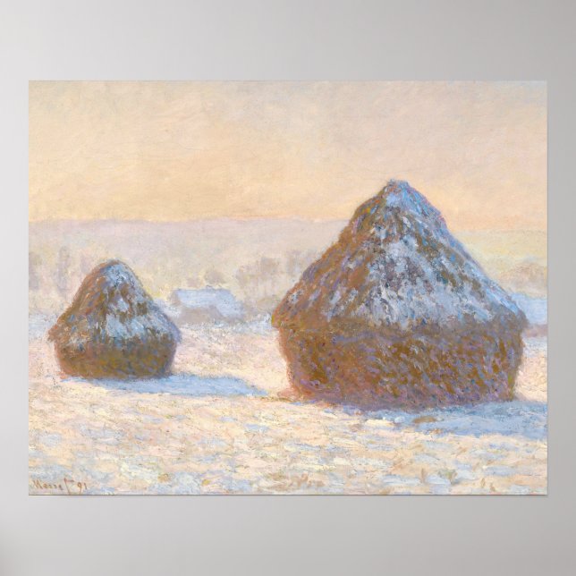 Pôster Claude Monet - Wheatstacks, Efeito da Neve, Manhã (Frente)