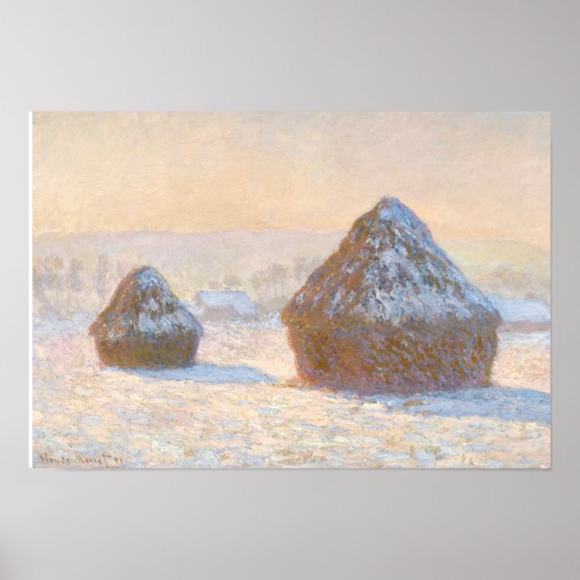 Pôster Claude Monet - Wheatstacks, Efeito da Neve, Manhã (Frente)