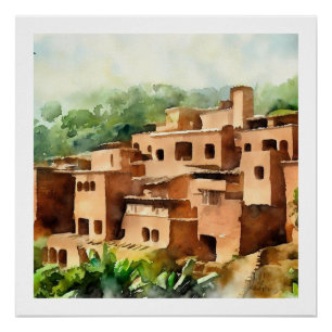 PÔSTER CLAY BRICK VILLAGE ANCIENT ARQUITETTURE WATERCOLOR