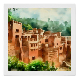 PÔSTER CLAY BRICK VILLAGE ANCIENT ARQUITETTURE WATERCOLOR