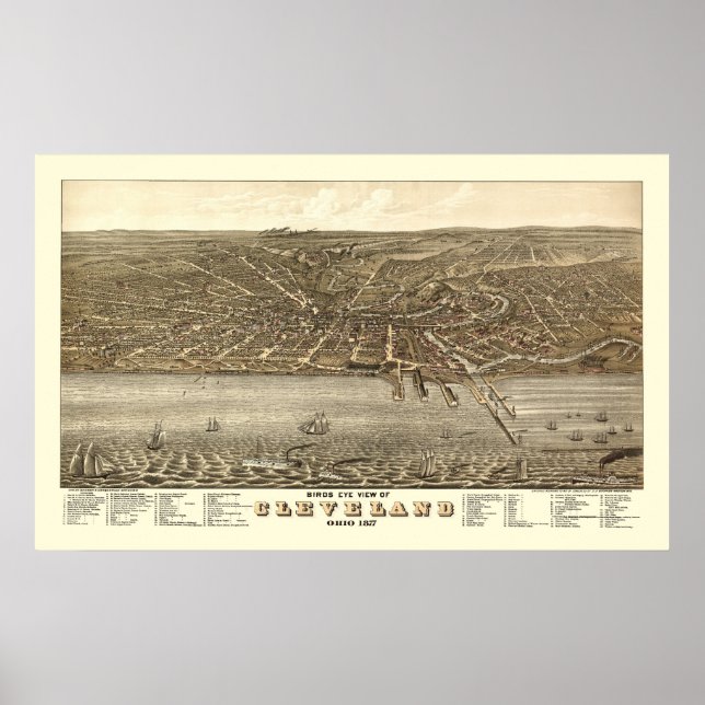 Poster Cleveland, Mapa Panorâmico OH - 1877 (Frente)