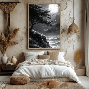 Poster Cliff Penhascoso ao Luar em Preto e Branco Monocro