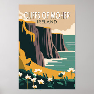 Poster Cliffs of Moher Ireland Floral Viagem Art Vintage