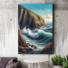 Poster Cliffside Brown Blue Ocean Ondas