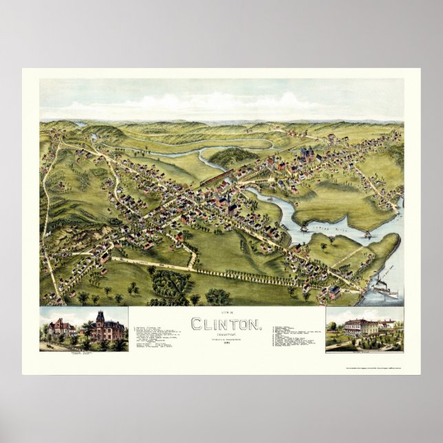 Poster Clinton, CT Mapa Panorâmico - 1881 (Frente)