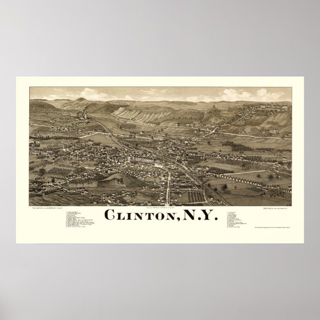 Pôster Clinton, Mapa Panorâmico NY - 1885 (Frente)