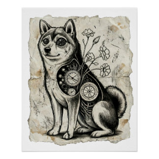 Pôster Clockwork Shiba – Gothic Overthinking Dog Art
