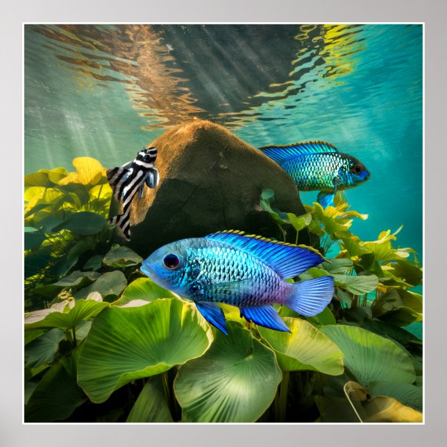 Poster Cloreto de Azul Elétrico Cichlids Zebra Pleco Peix (Frente)