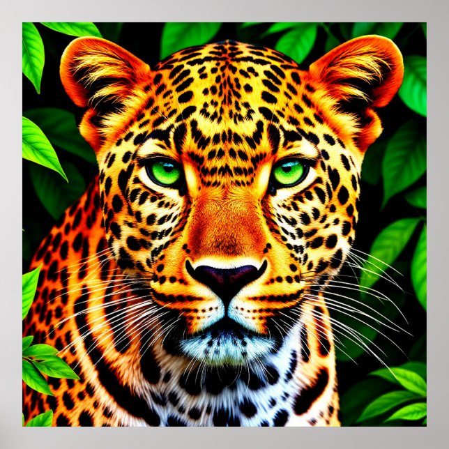 Poster Close-Up Jaguar Leopardo Rosto com Olhos Verdes (Frente)
