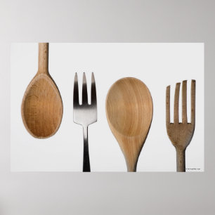 Pôster Close-up of a fork with a wooden spoon