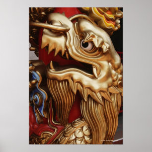 Poster Close up of gold dragon on temple pillar