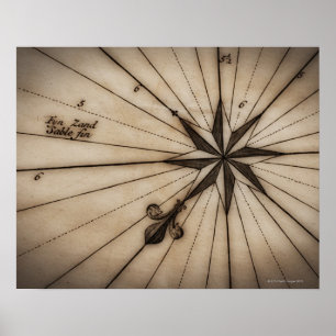Poster Close up of wind rose on antique map