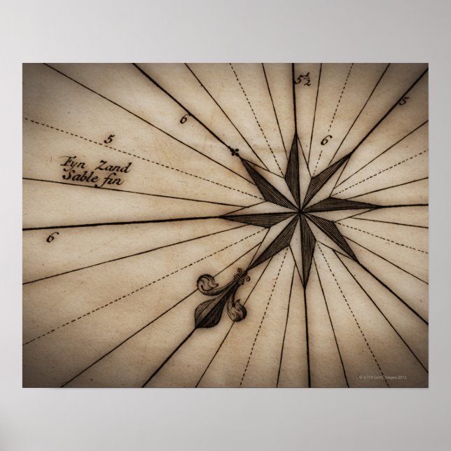 Poster Close up of wind rose on antique map (Frente)
