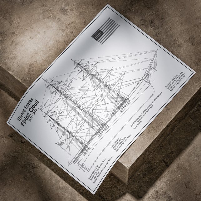 Poster Cloud Voadora de Entrega de Clipper - BD de Bluepr (Clipper Ship Flying Cloud - Ship Blueprint BD. Poster)