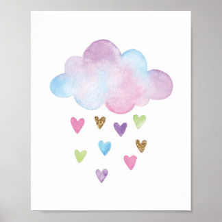 Poster Cloud Watercolor Rainbow Hearts Nursery Wall Decor