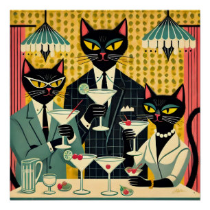 Pôster Clube de Martini de Gato Preto Futurista Retro