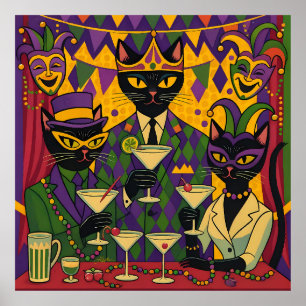 Poster Clube de Martini de Gato Preto Retro Futurista de 