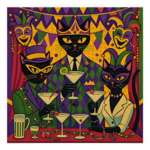 Pôster Clube de Martini de Gato Preto Retro Futurista de