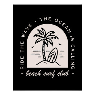 Pôster clube de praia do surf surfando oceano amante pret