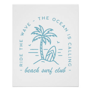 Pôster clube de praia surf surfando oceano azul boho esté
