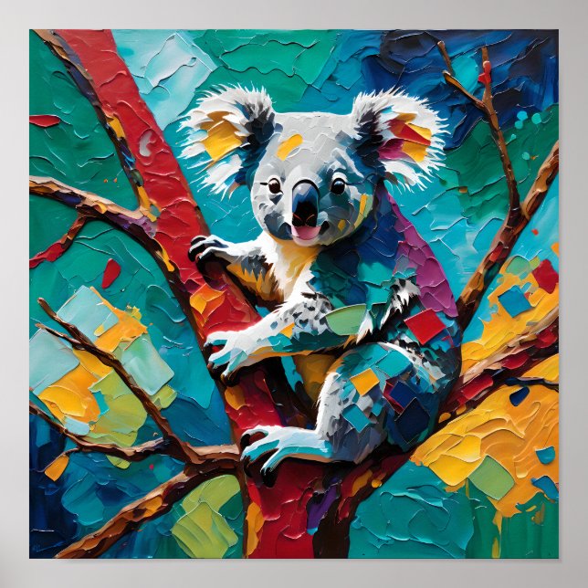 Poster Coala Colorido em Árvore – Impasto Moderno (Frente)