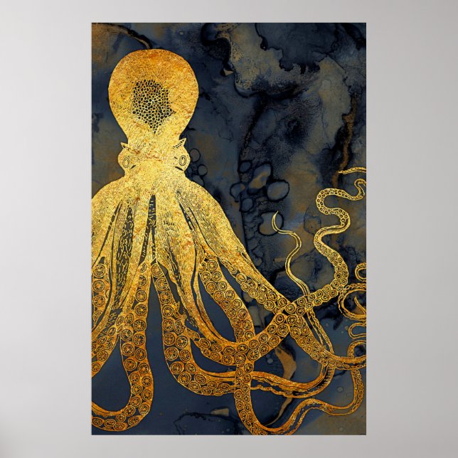 Poster Coastage Vintage Azul Dourado Octopus Negro Aquare (Frente)