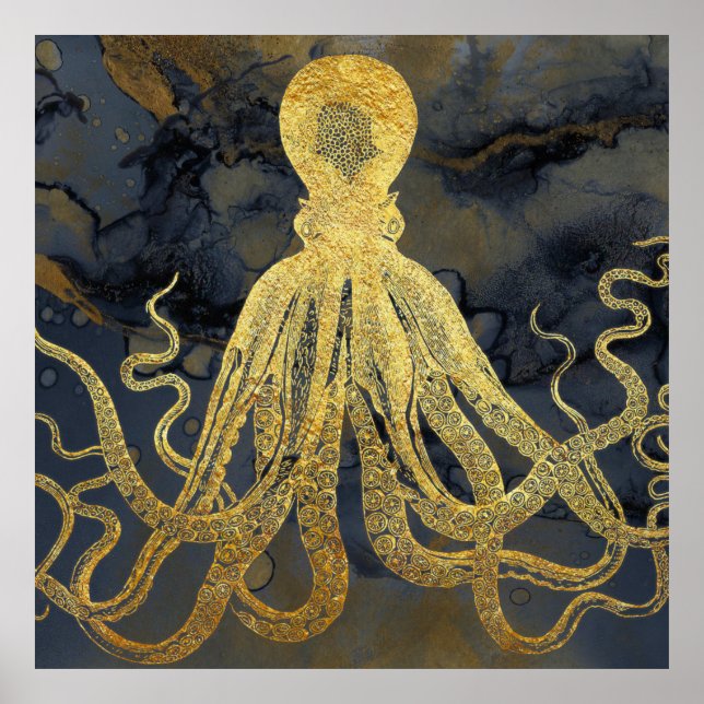 Poster Coastage Vintage Azul Dourado Octopus Negro Aquare (Frente)