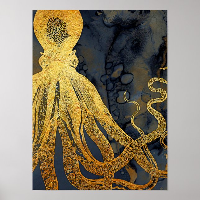 Poster Coastage Vintage Octopus Dourado Black Blue Waterc (Frente)