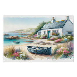 Pôster Coastal Cottage Watercolor Seaside Scene