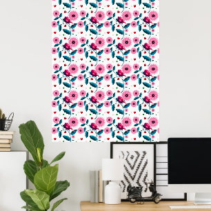 Poster Cobertor de Design Botânico Floral de Pássaro Rosa