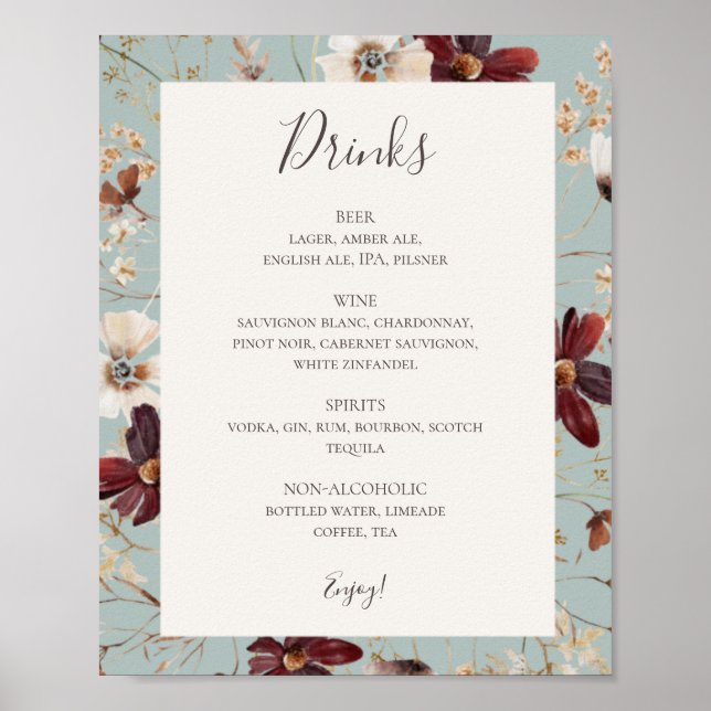 Poster Cobre Burgundy | Sinal de menu Bebidas Teais (Frente)
