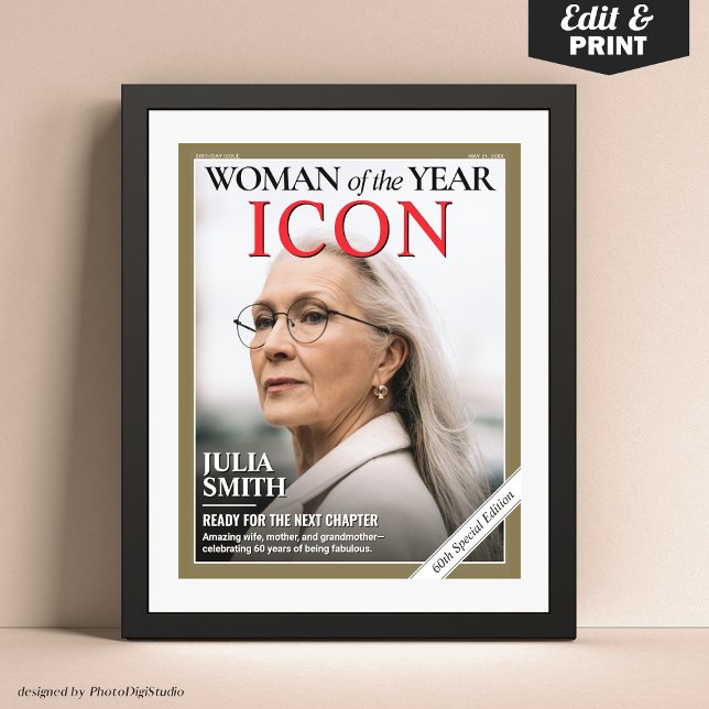 Poster Cobrir da revista de aniversário personalizada, Re (Custom Birthday Magazine Cover, Woman of the Year Woman Portrait Poster)
