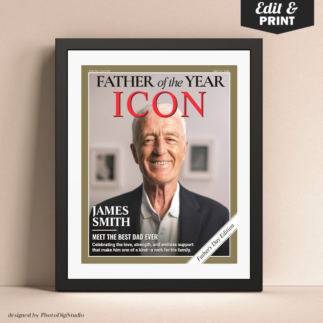 Poster Cobrir da Revista de Dia de os pais Personalizado, (Custom Fathers Day Magazine Cover, Father of the Year Gift for Dad Poster)