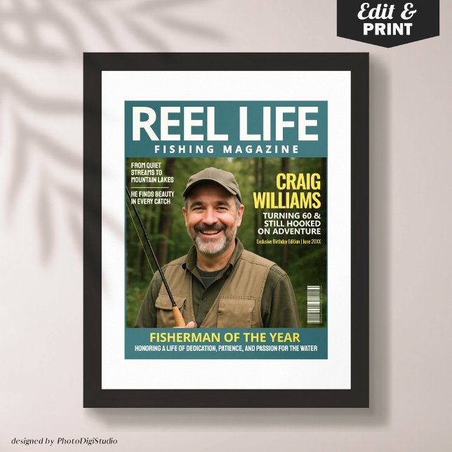 Poster Cobrir da Revista de Pesca Personalizada, Retrato  (Custom Fishing Magazine Cover, Fisherman Portrait Poster)