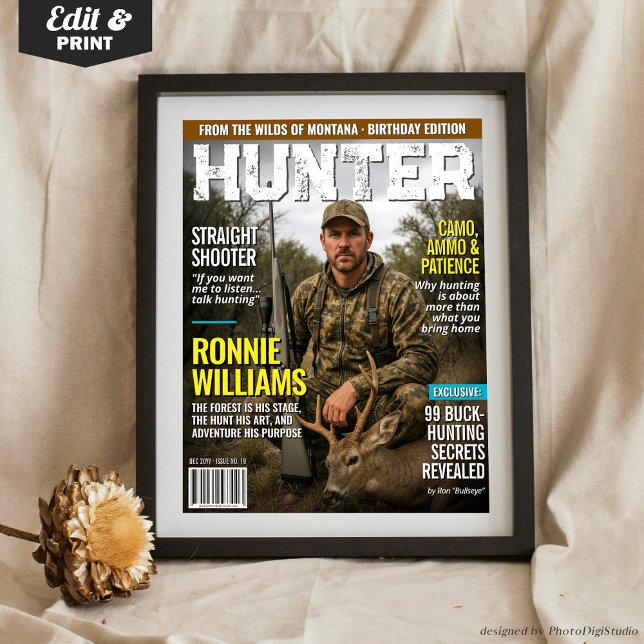 Poster Cobrir da revista personalizada HUNTER, caça perso (Custom HUNTER Magazine Cover, Personalized Hunting Poster, Custom Gift for Hunter Outdoorsman )