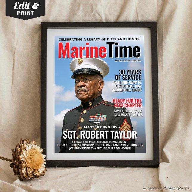 Poster Cobrir de Retirada Marinha do Pai de Presente da R (Personalized Marine Retirement Gift, Custom Magazine Cover for Retirement from Marine, Army Dad Gift)