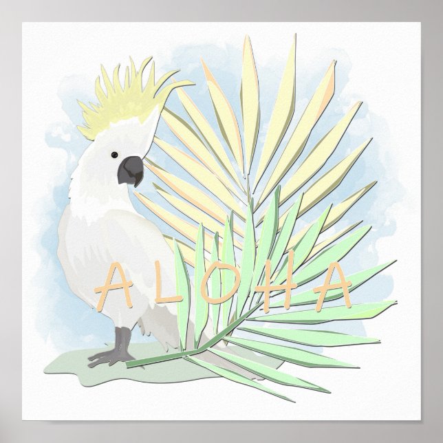 Poster Cocato de papagaio branco em folhas de palma. (Frente)