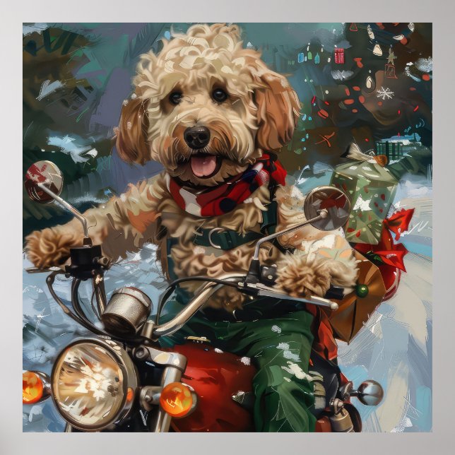 Poster Cockapoo Cão Andando Moto Natal (Frente)