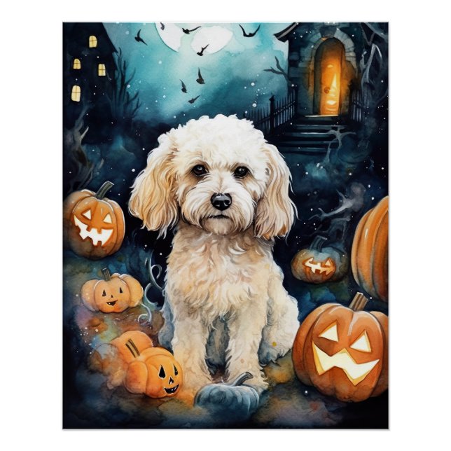 Pôster Cockapoo De Halloween Com Pumpkins Assustado (Frente)