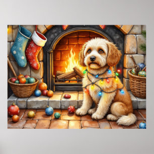 Poster Cockapoo Sentado ao Lado da Lareira com Luz de Nat