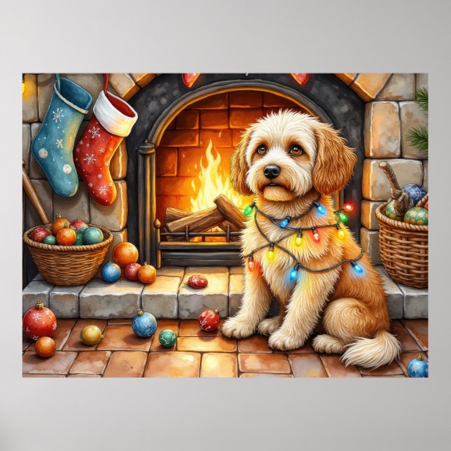 Poster Cockapoo Sentado ao Lado da Lareira com Luz de Nat (Frente)