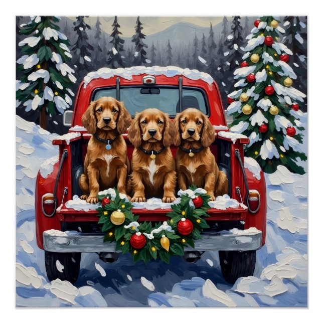 Pôster Cocker Spaniel Christmas Red Truck Holiday  (Frente)