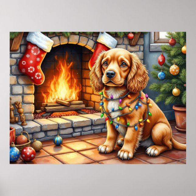 Poster Cocker Spaniel junto à Lareira com Luzes de Natal (Frente)